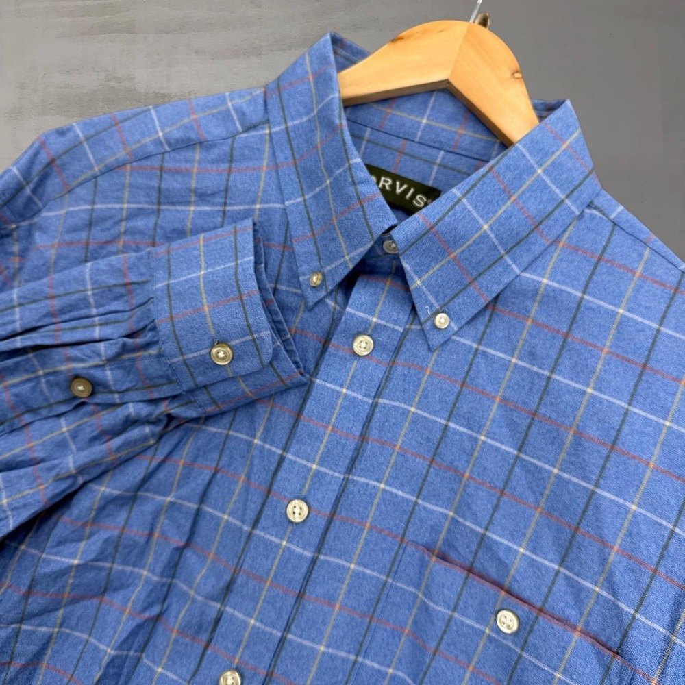 Orvis Button Down Shirt Blue Plaid Long Sleeve Cotton Collared Frocket Shirt XXL